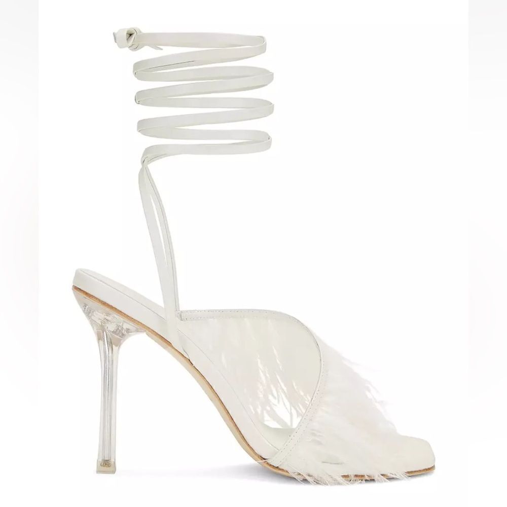 Camila Coelho Minka high heels feather lucite lace up shoes sandals Revolve 6